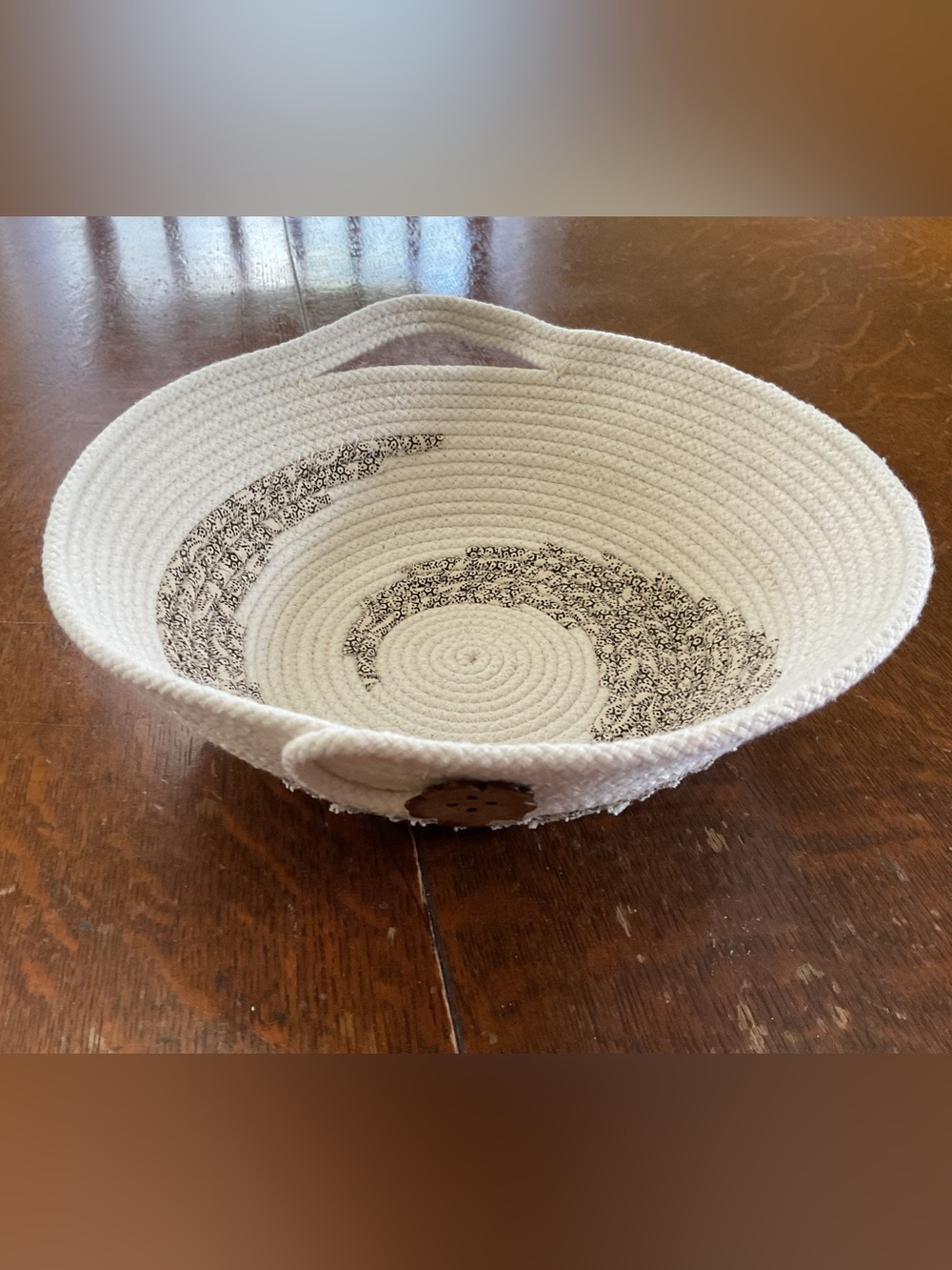 Handmade Coiled Cotton Rope & Fabric Wrapped Decorative Basket with Handles